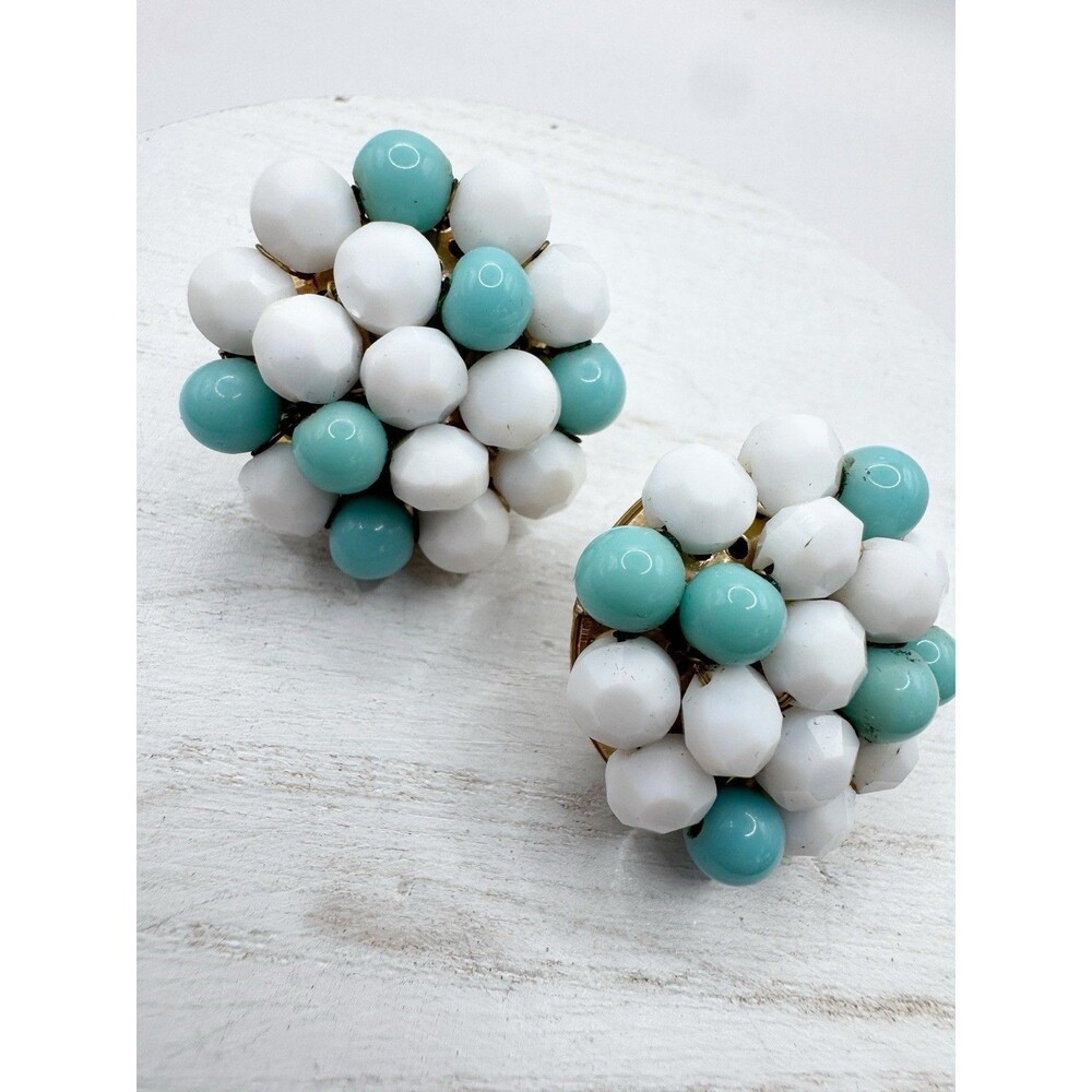 Vogue Vintage Milk Glass Turquoise Glass Cluster Clip On Earrings Summer Retro